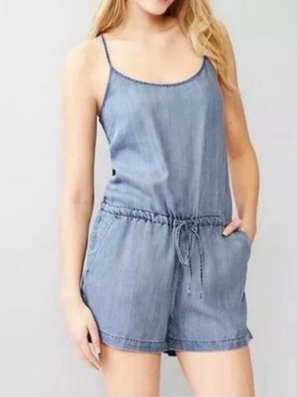 GAP Light Blue Chambray Drawstring Romper